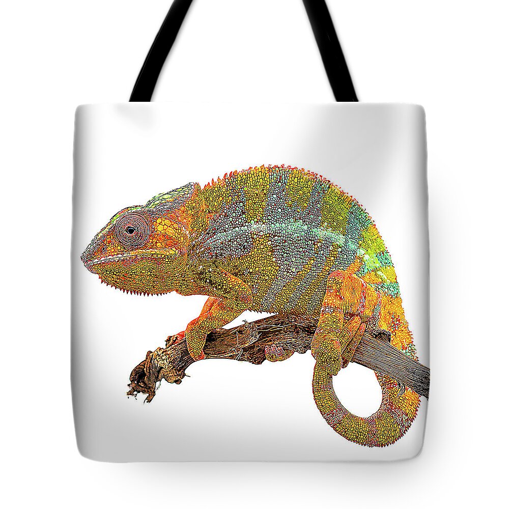 Orange Tote Bag featuring the painting Yellow and Green, Panther Chameleon by Custom Pet Portrait Art Studio