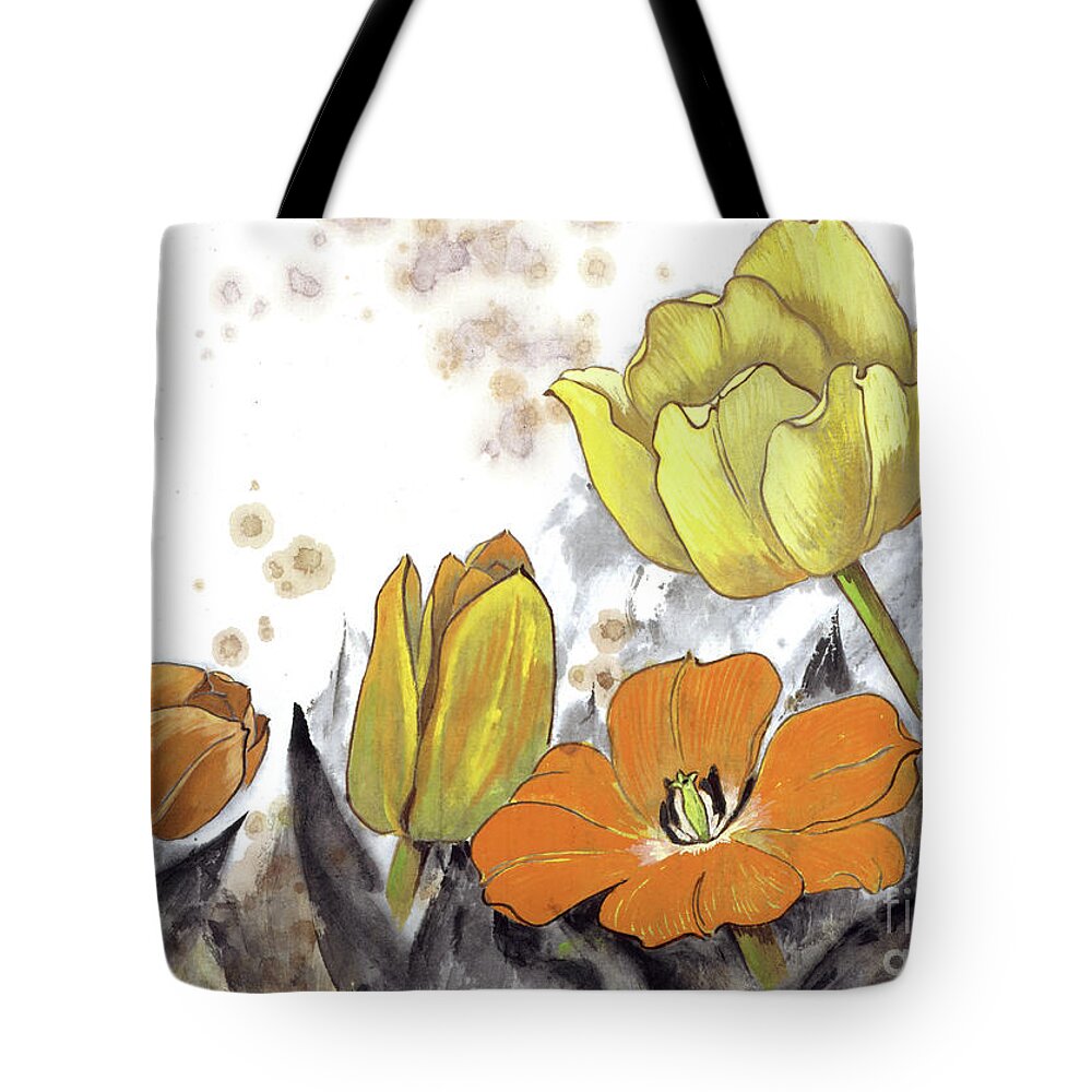 Wang Zhenhua Tote Bag featuring the painting Yellow And Orange Tulips by Wang Zhenhua