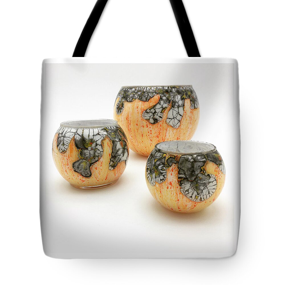 Glass Tote Bag featuring the mixed media Yellow and White Bowls by Christopher Schranck