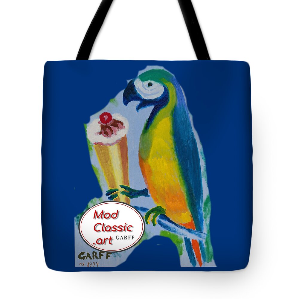 Parrot Tote Bag featuring the painting Yellow Ara with Ice Cream ModClassic Art by Enrico Garff