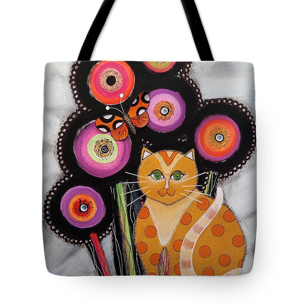 Cat Tote Bag featuring the painting Yellow cat with Flowers by Graciela Bello