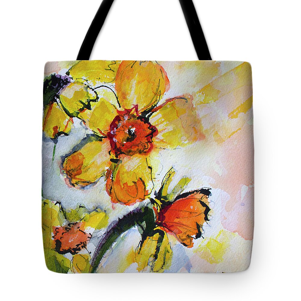 Yellow Flowers Tote Bag featuring the painting Yellow Daffodils and Bees 1 by Ginette Callaway