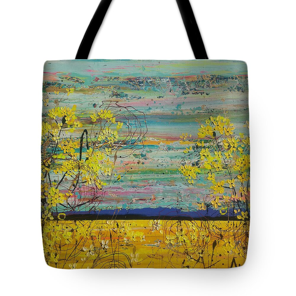 Flowers Tote Bag featuring the painting Yellow Flower Fields by Angie Wright