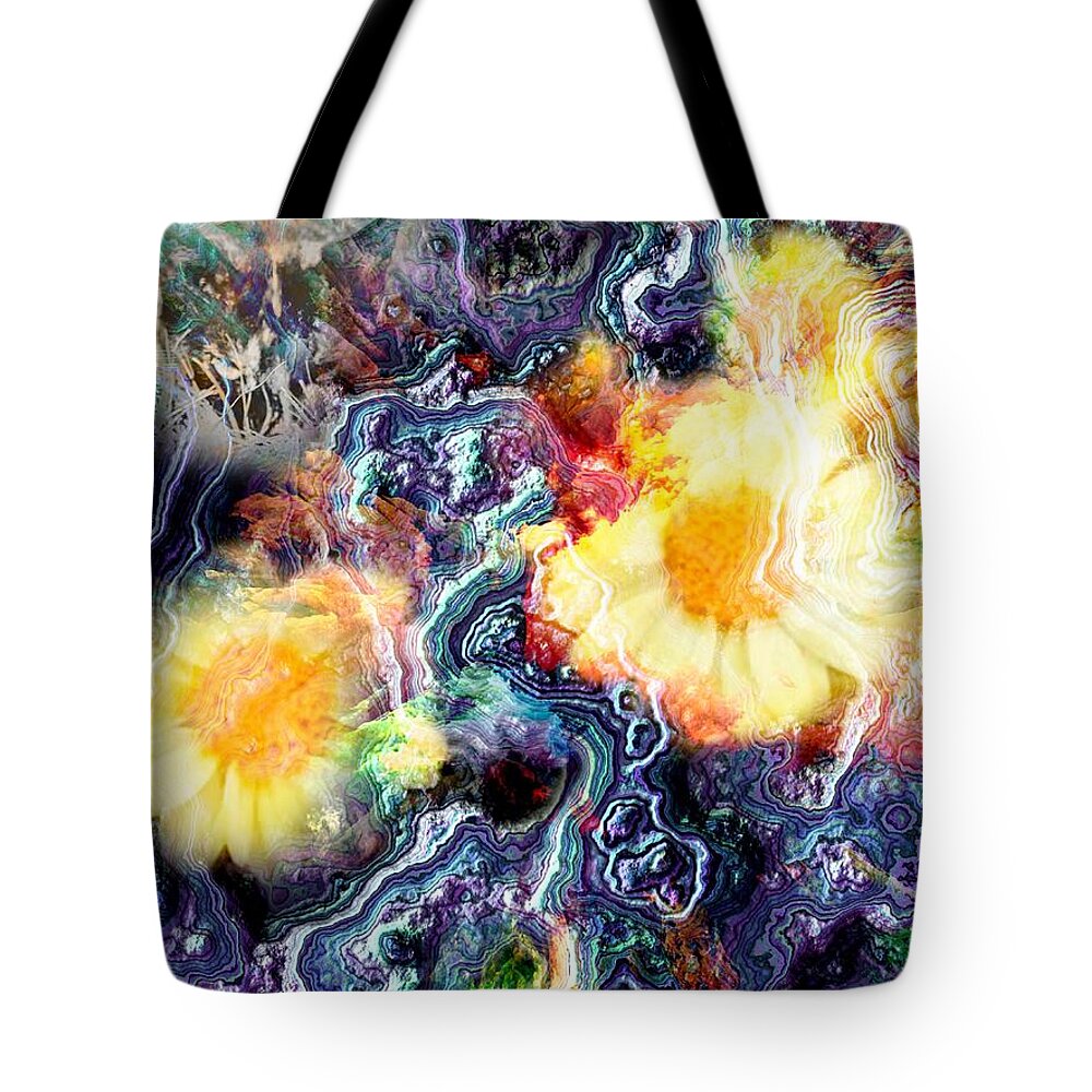 Cat Flowers Yellow Colorful Background Abstract Tote Bag featuring the digital art Yellow Flowers and My Cat Abstract by Kathleen Boyles