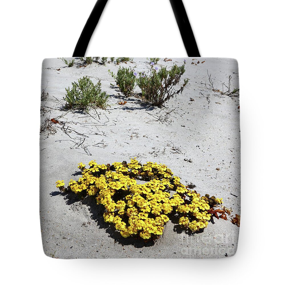 Chile Tote Bag featuring the photograph Yellow flowers on the beach Chile by James Brunker