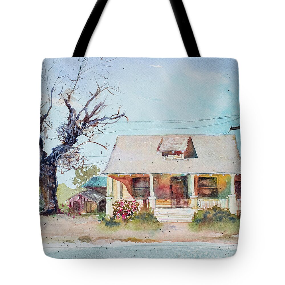 Yellow Tote Bag featuring the painting My Home Town Series - Yellow House On 1st Street by Cheryl Prather