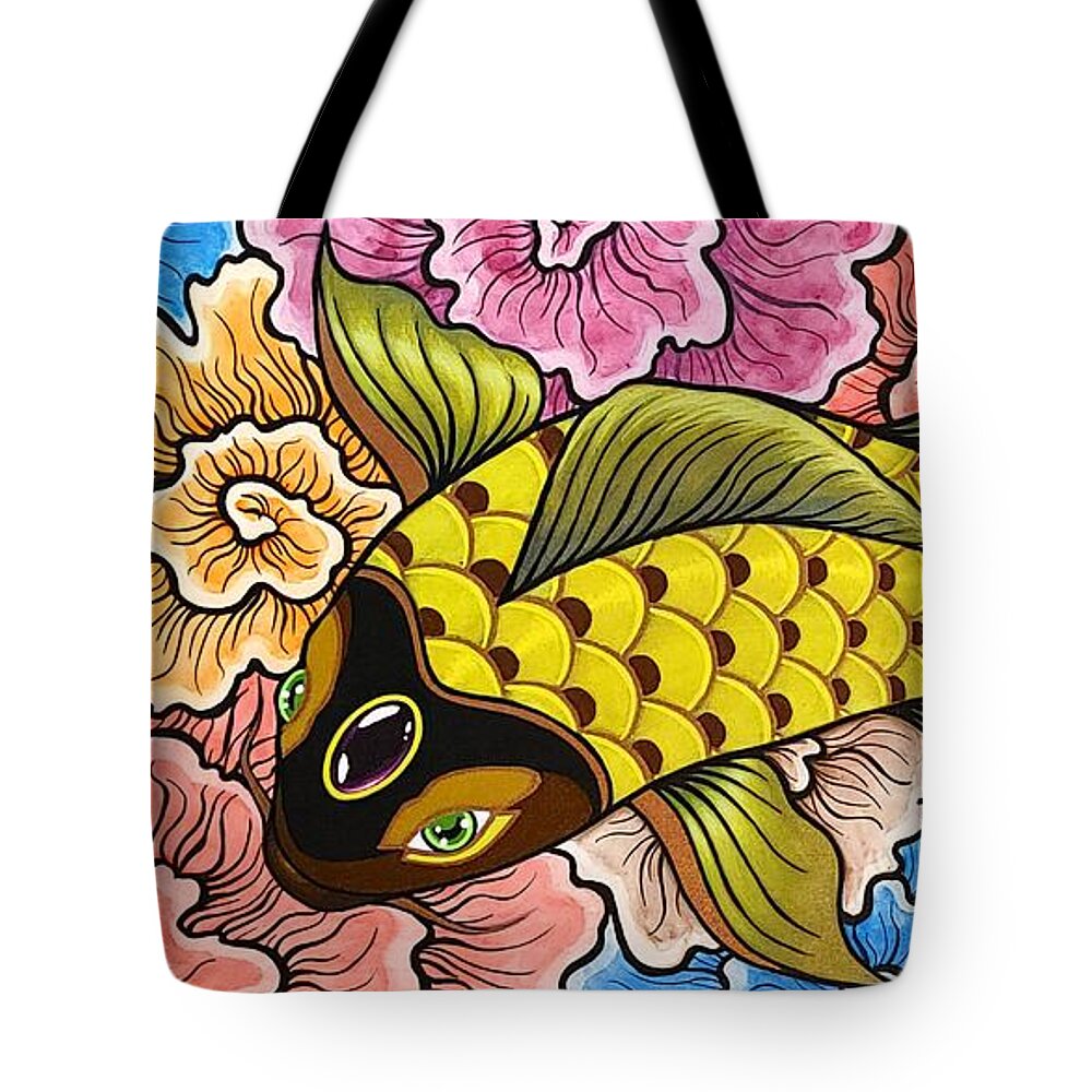 Yellow Koi Fish with Thought Flowers Tote Bag by Bryon Stewart