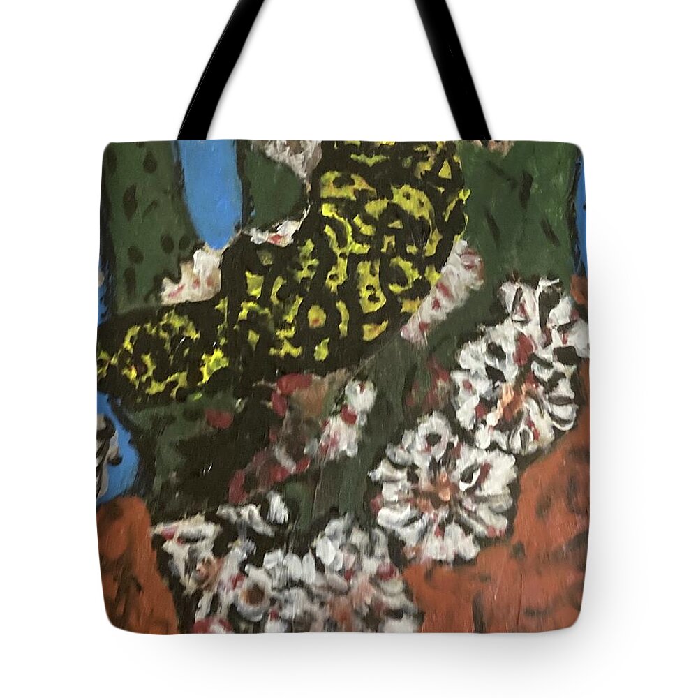 Paintings Of Lizards Tote Bag featuring the mixed media Yellow lizard Cactus Flowers by Bencasso Barnesquiat