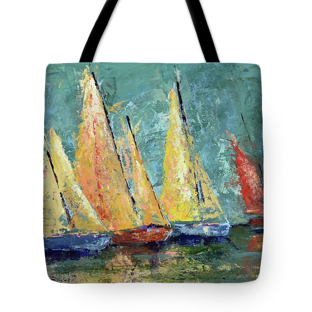 Sailboats Tote Bag featuring the painting Yellow Sails by Patricia Caldwell