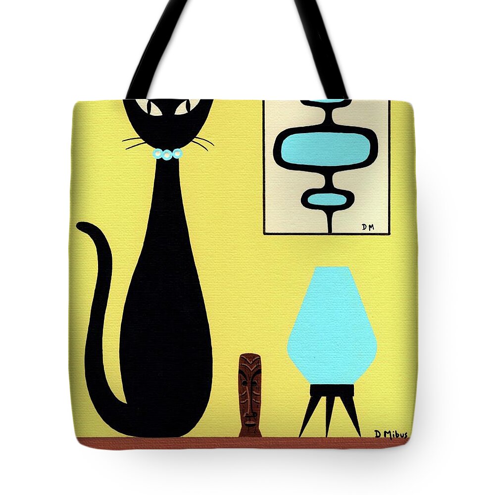 Mid Century Modern Black Cat Tote Bag featuring the painting Yellow Tabletop Cat Beehive Lamp by Donna Mibus