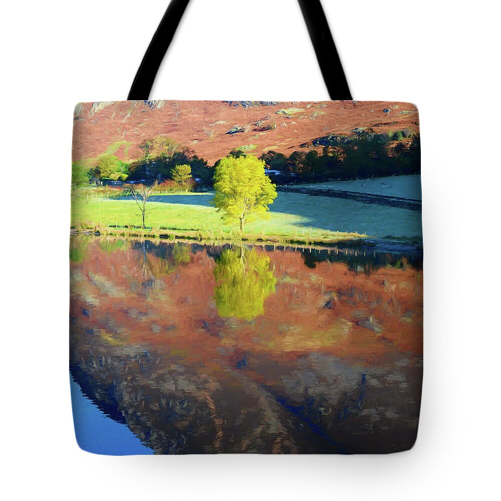 England Tote Bag featuring the digital art Yellow Tree Reflection 3 by Roy Pedersen
