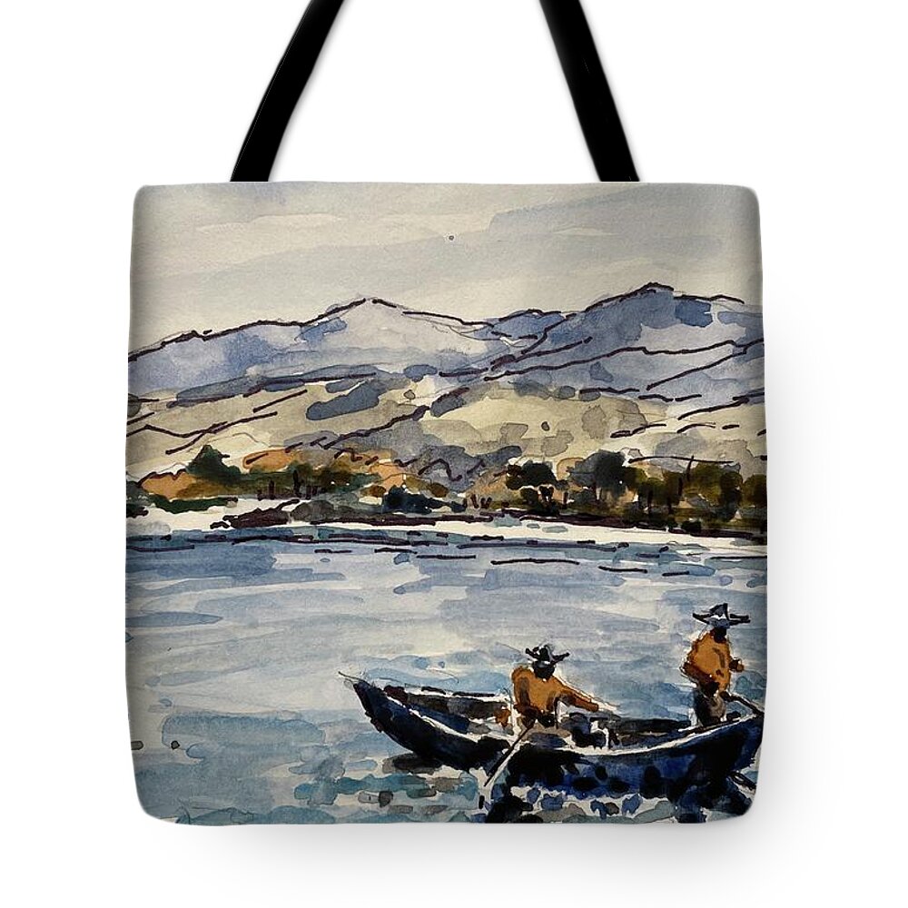 Yellowstone River Tote Bag featuring the painting Yellowstone Drift by Les Herman