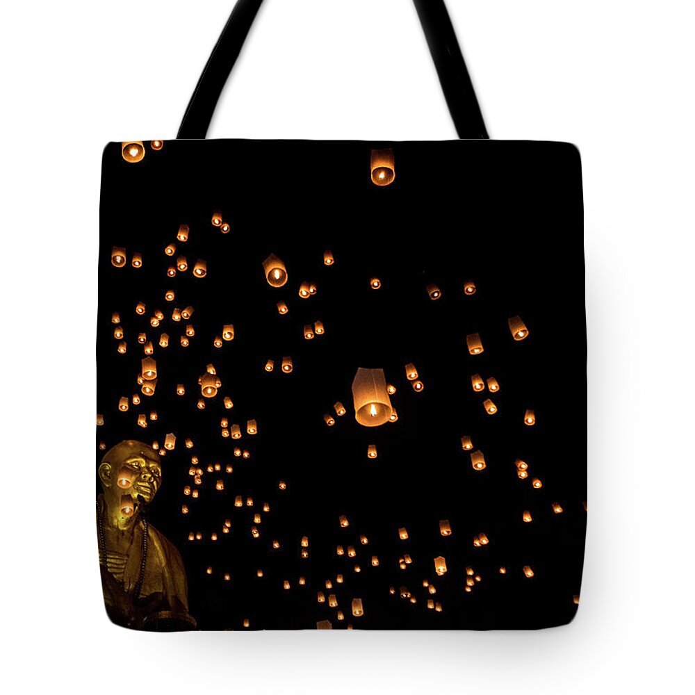 Buddha Tote Bag featuring the photograph Yi Peng Festival by Arj Munoz