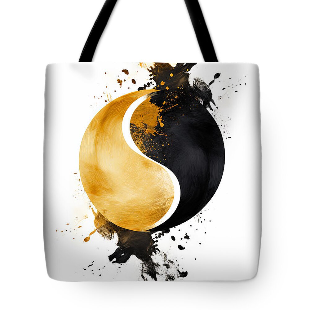 Black And Gold Tote Bag featuring the painting Yin Yang Black and Gold by Lourry Legarde