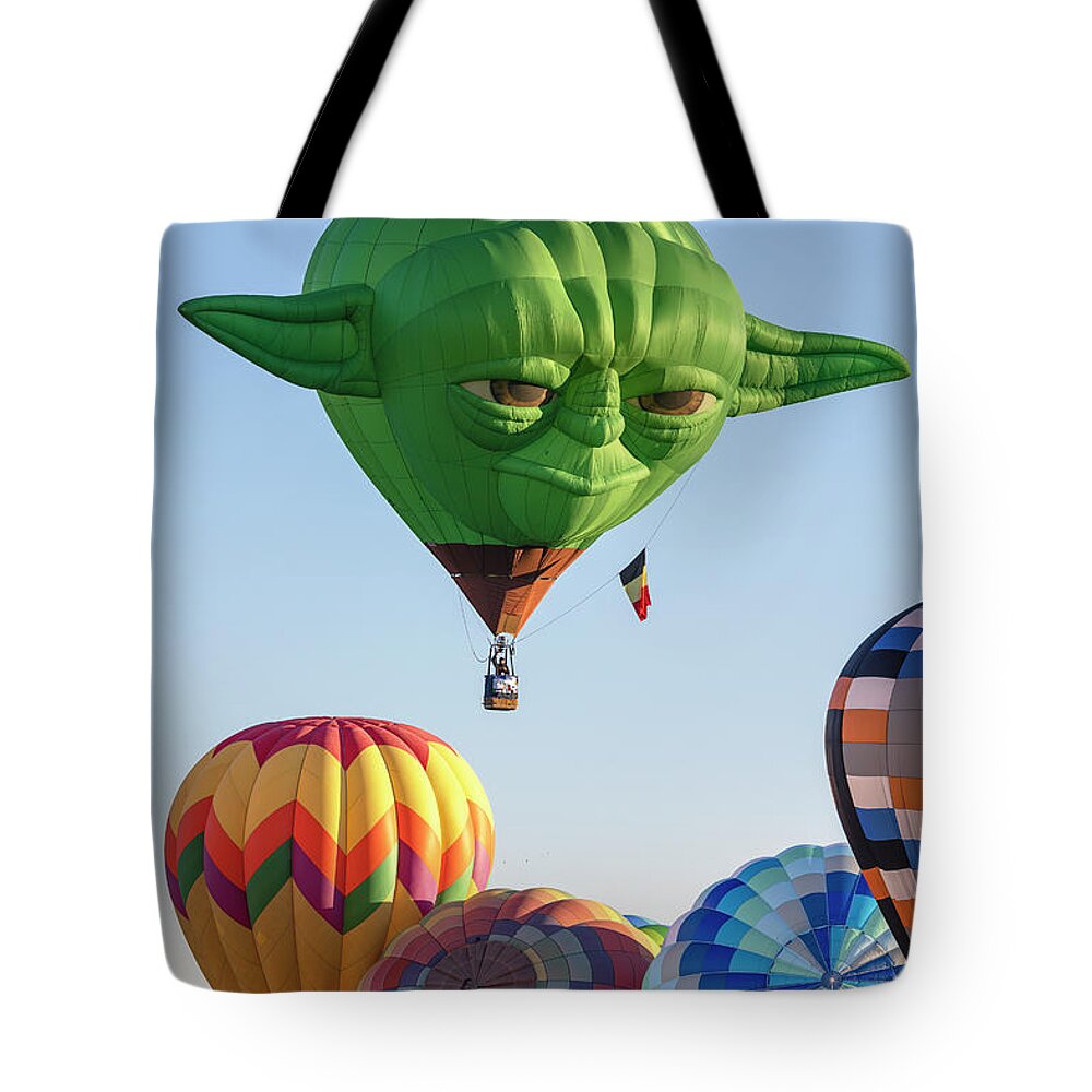 Hot Air Balloon Tote Bag featuring the photograph Yoda at Mass Ascension by Deborah Penland