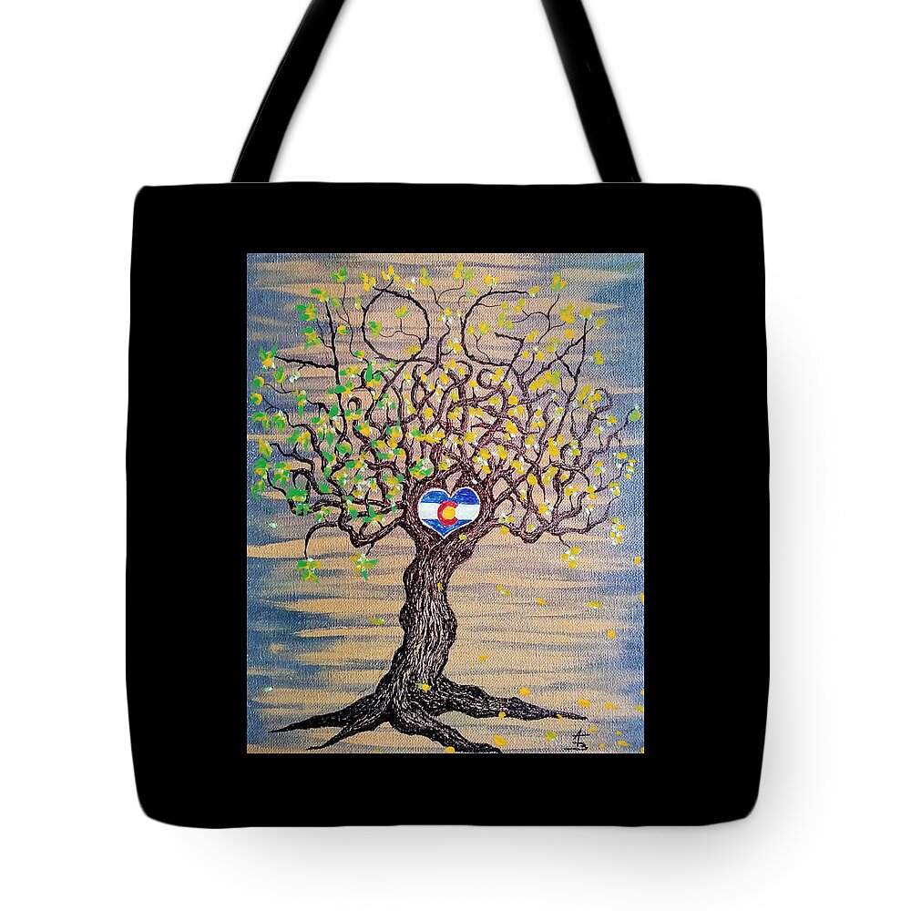 Yoga Tote Bag featuring the drawing Yoga-Colorado Fall Love Tree by Aaron Bombalicki