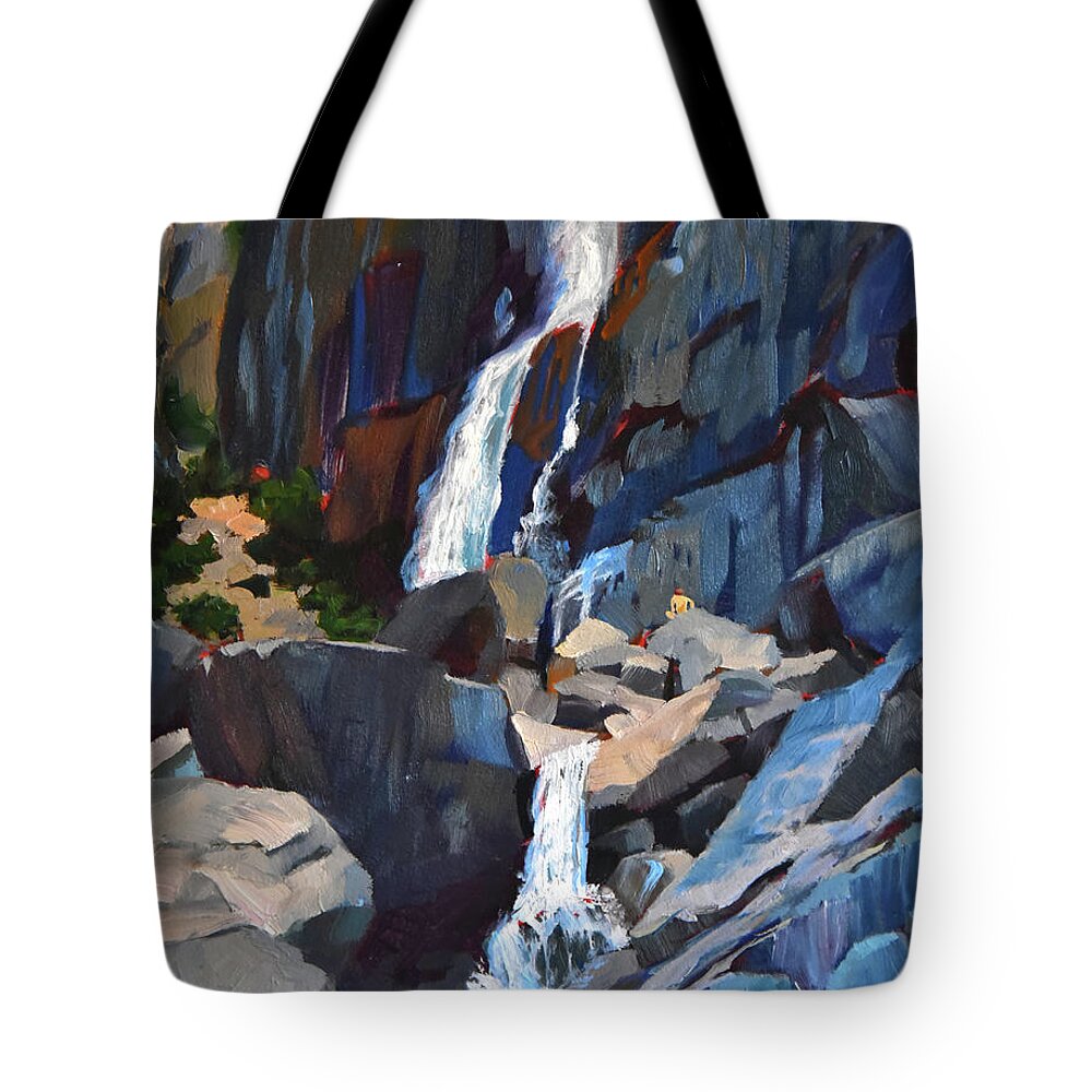 Waterfall Tote Bag featuring the painting Yosemite Falls in August by Alice Leggett