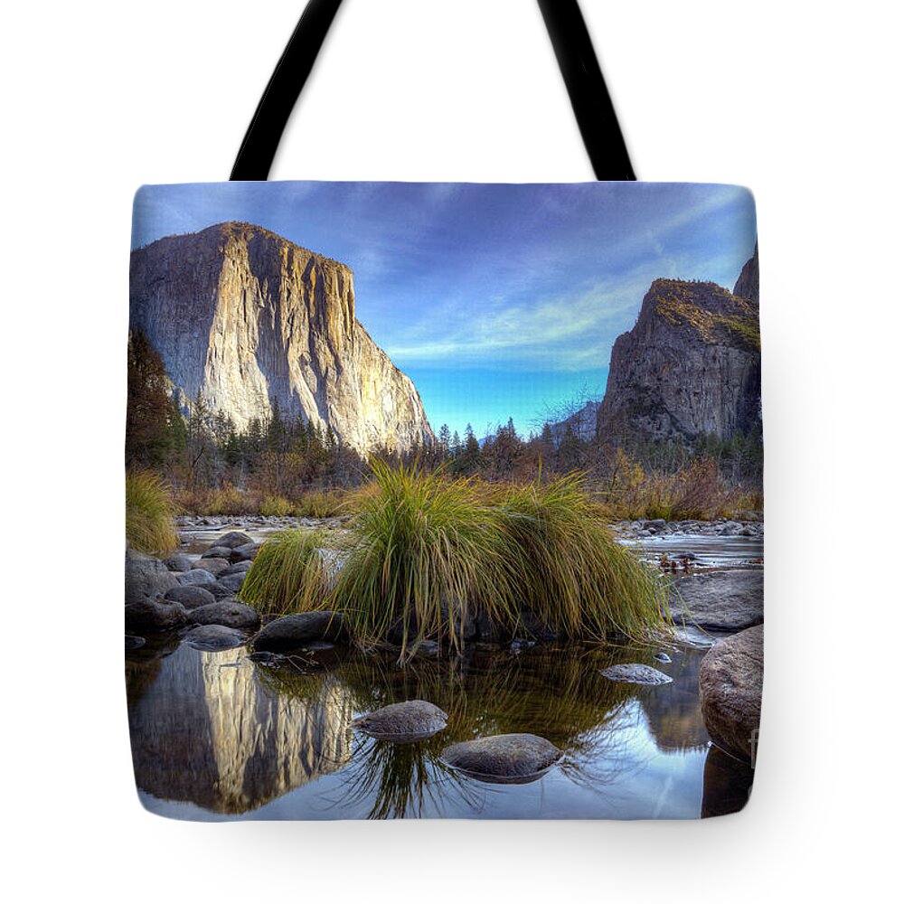 Yosemite National Park Reflections Of El Capitan In The Merced River Tote Bag featuring the photograph Yosemite National Park Reflections of El Capitan in the Merced River by Dustin K Ryan