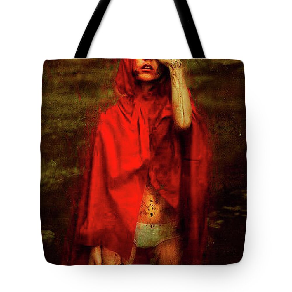 Little Red Riding Hood Painting Oil Contemporary Red Cape Fairy Tale Woman Girl Wolf Innocent Portrait Painting Fable Grandmother Child Contemporary Tote Bag featuring the painting You're Everything a Big Bad Wolf Would Want, Yeeeeooooooowww by Kasey Jones