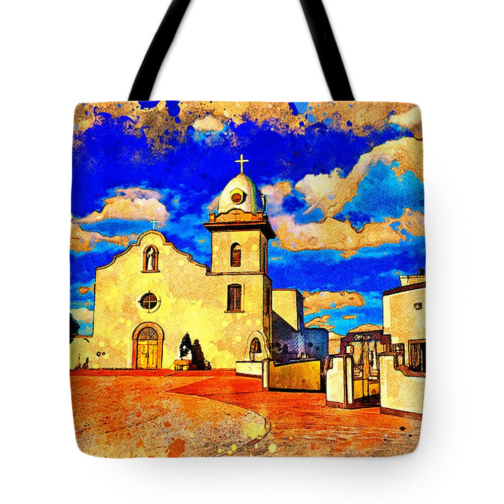 Ysleta Mission Tote Bag featuring the digital art Ysleta Mission in El Paso, Texas - digital painting with vintage look by Nicko Prints