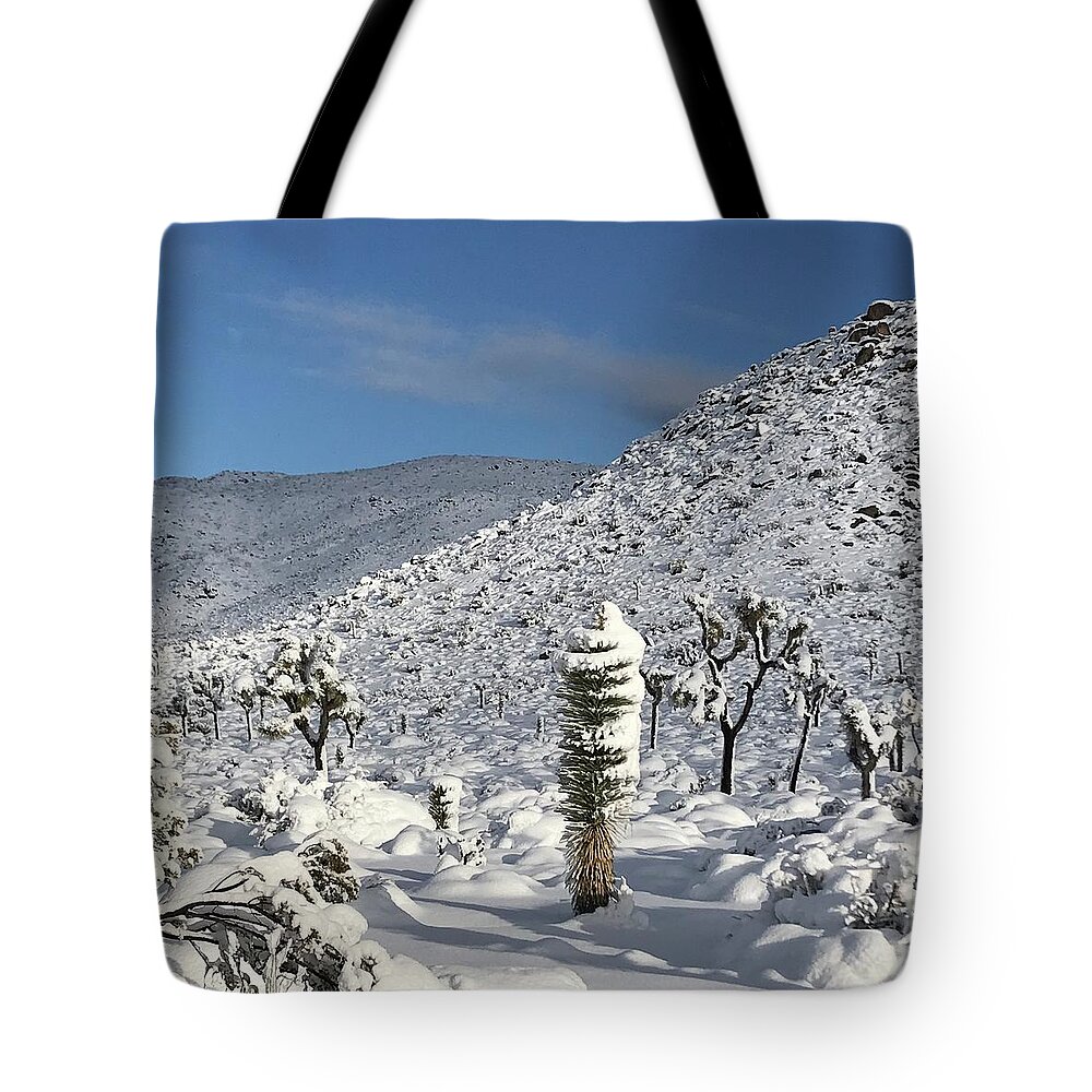 Joshua Tree Tote Bag featuring the photograph Yucca in the Snow by Perry Hoffman