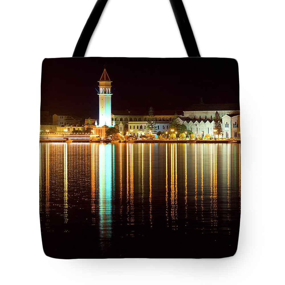 Zakynthos Harbor Tote Bag featuring the photograph Zakynthos Harbor at Night by Sean Hannon