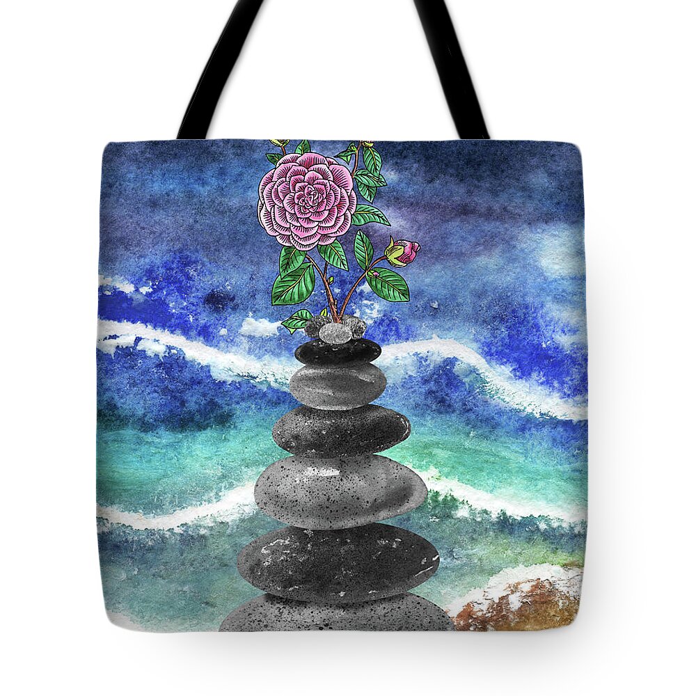 Zen Rocks Tote Bag featuring the painting Zen Rocks Cairn Meditative Tower Pink Camellia Flower Watercolor by Irina Sztukowski