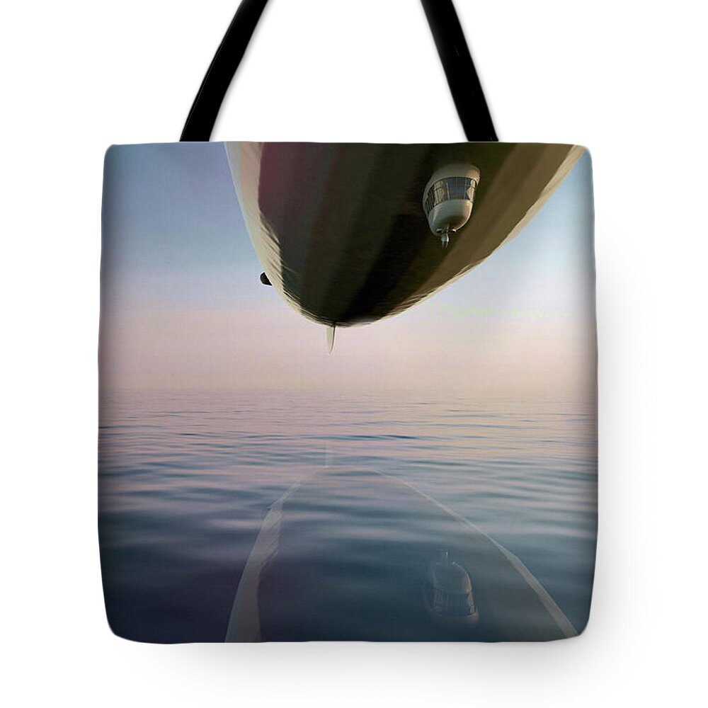 Zeppelin Tote Bag featuring the mixed media Zeppelin Crossing the Sea by Shelli Fitzpatrick