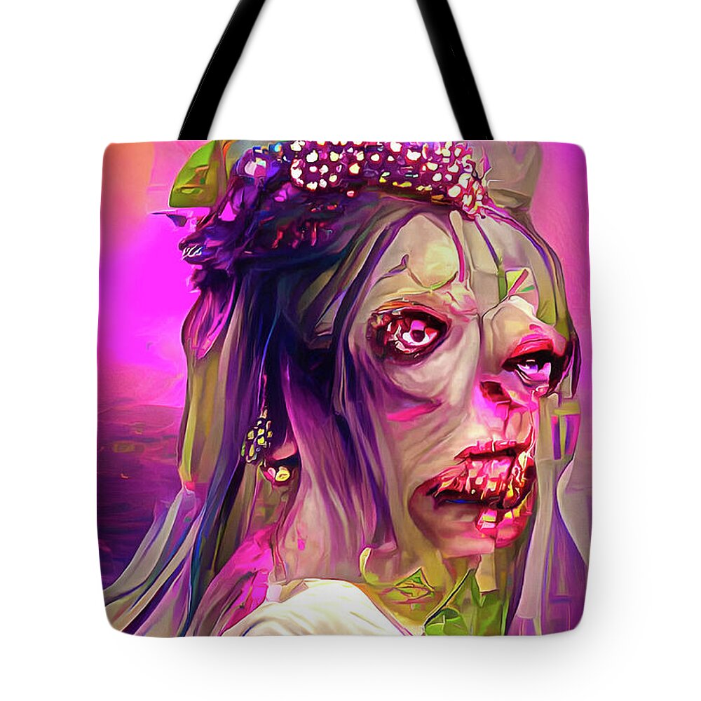 Zombie Tote Bag featuring the digital art Zombie Bride 01 Colorful and Trippy by Matthias Hauser