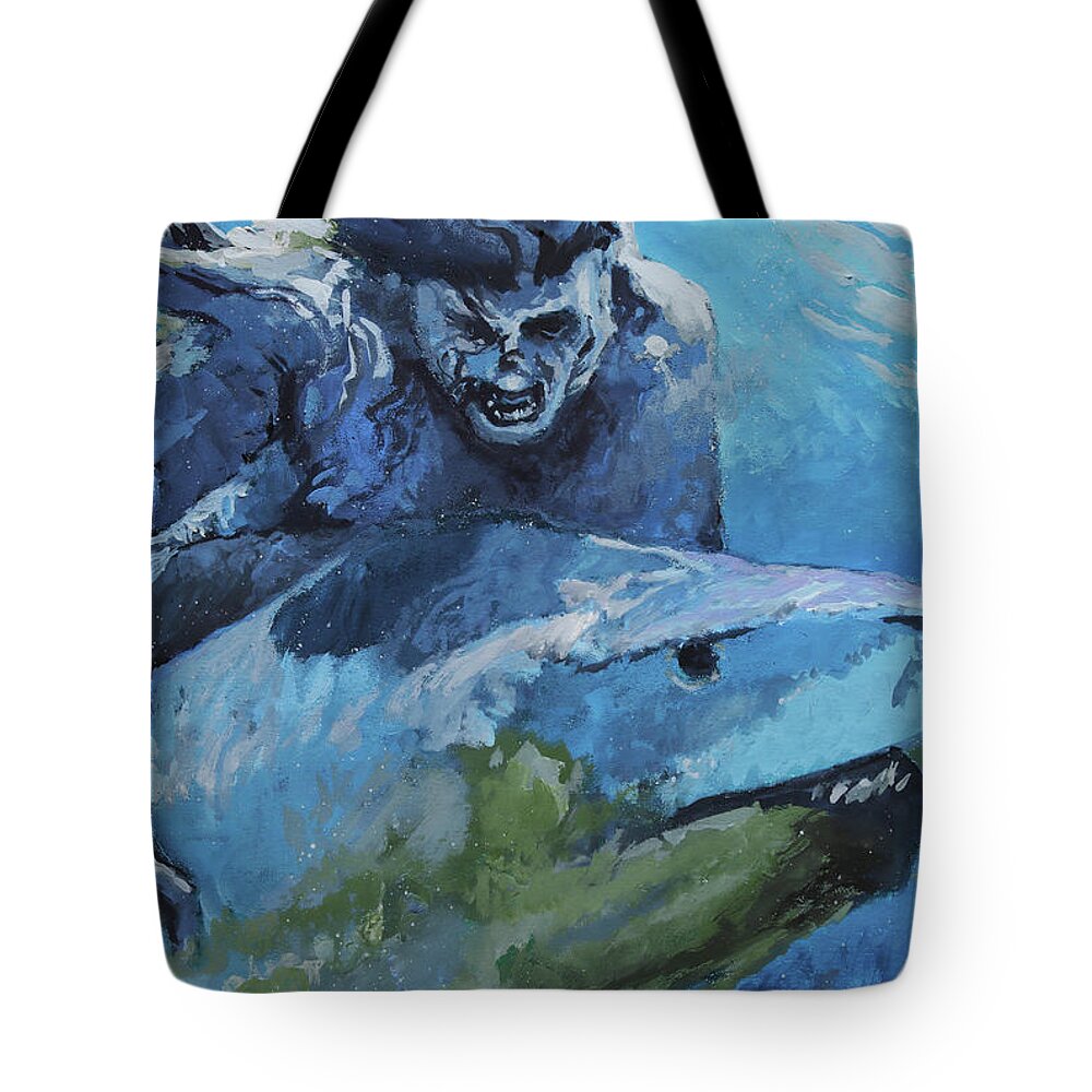 Shark Tote Bag featuring the painting Zombie vs Shark by Sv Bell