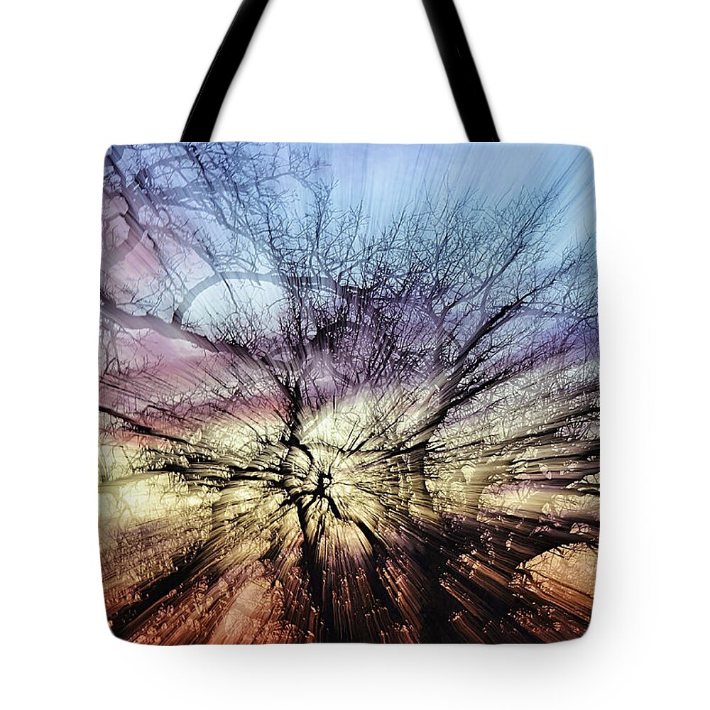 Zoom Burst Tote Bag featuring the photograph Zoom Burst Sunset Trees by Gaby Ethington