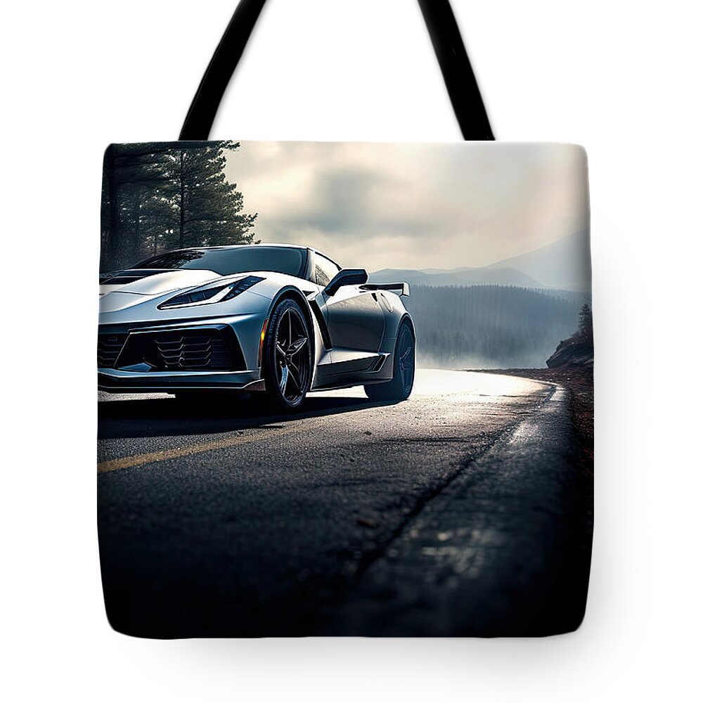Zr1 Tote Bag featuring the digital art ZR1 - Ghost of the Highway by Lourry Legarde