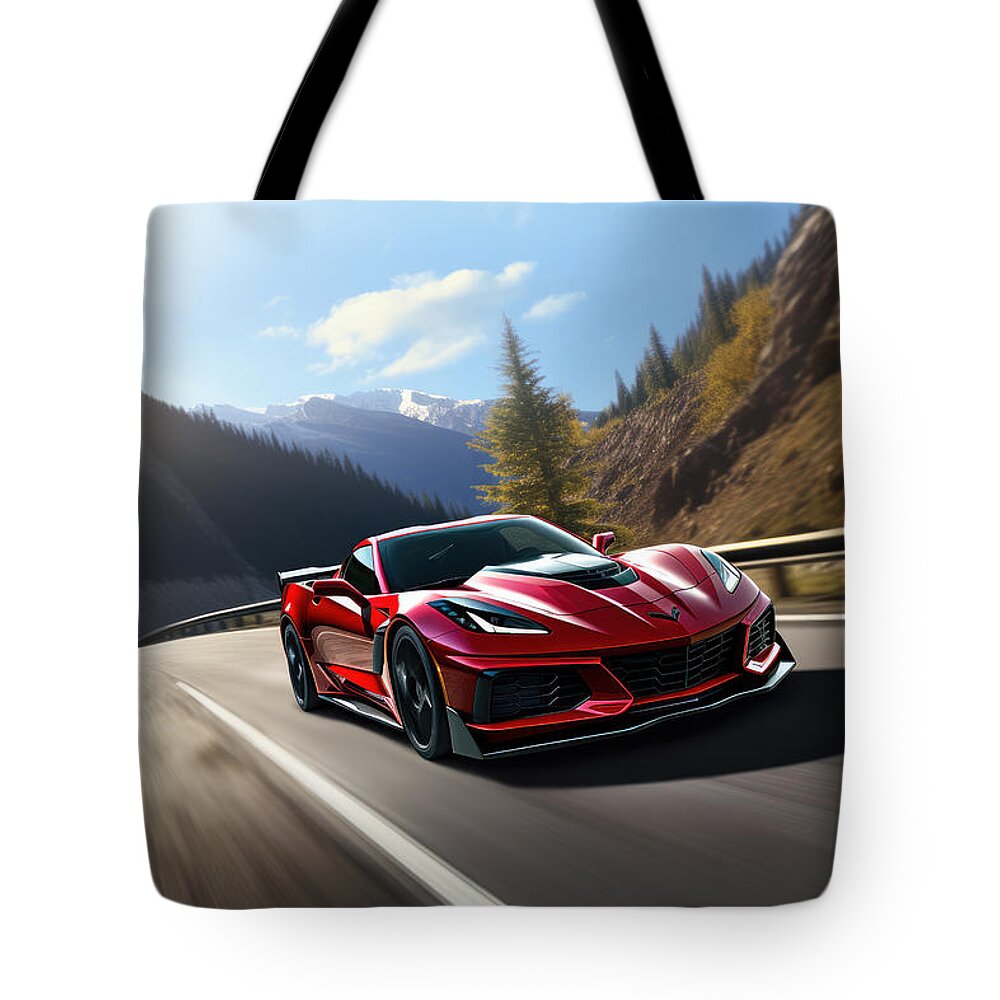 Zr1 Tote Bag featuring the painting ZR1's Dance with the Mountains by Lourry Legarde