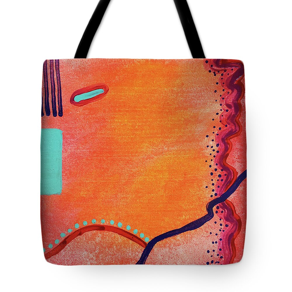 Native American Art Tote Bag featuring the painting ZUNI TRAIL Abstract in Orange Red Aqua Blue Purple Dots by Lynnie Lang