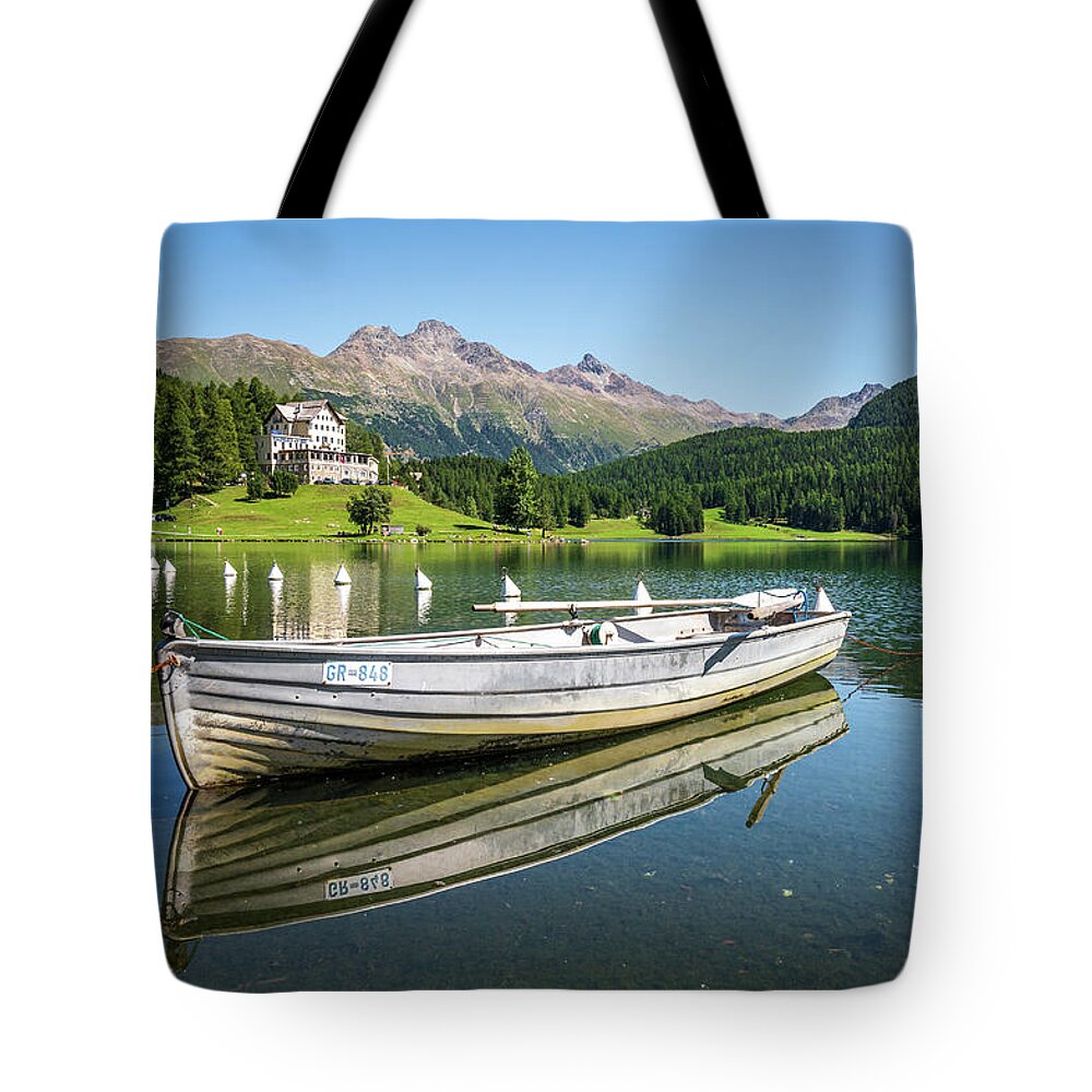St Moritz Tote Bag featuring the photograph Lake St. Moritz reflections by Robert Miller
