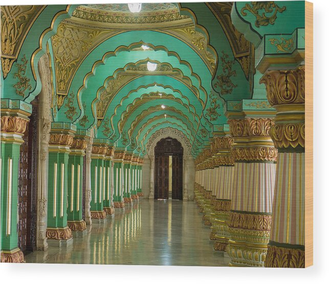 Colorful Ornate Interior Halls Of Royal Mysore Palace Karnataka India Wood Print