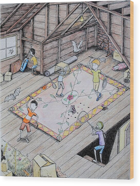 Kids Wood Print featuring the painting Bat Hunt by Josean Rivera