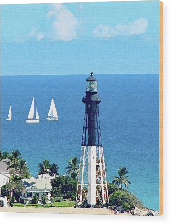 Lighthouse Wood Print featuring the photograph Hillsboro Lighthouse with Sailboats in Florida by Corinne Carroll