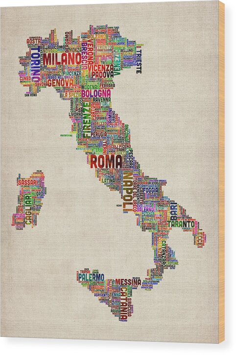 italy Map Wood Print featuring the digital art Text Map of Italy Map by Michael Tompsett