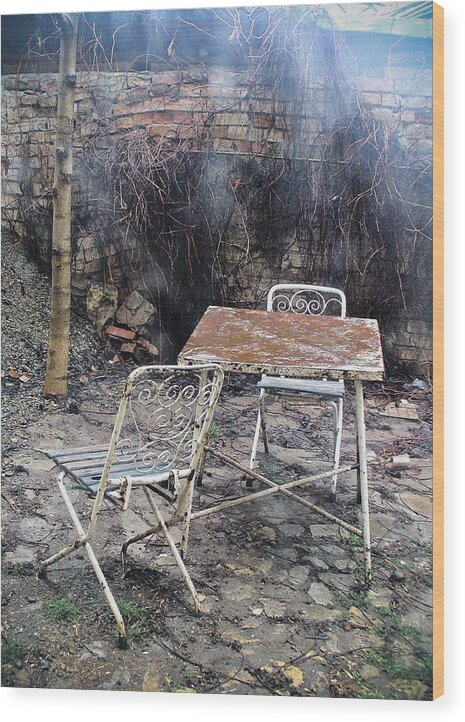 Vintage Chair Wood Print featuring the photograph Vintage metal chairs in the backyard by Vlad Baciu
