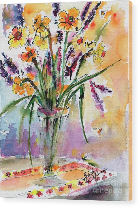 Flowers Wood Print featuring the painting Daffodils and Lavender Spring Still Life by Ginette Callaway