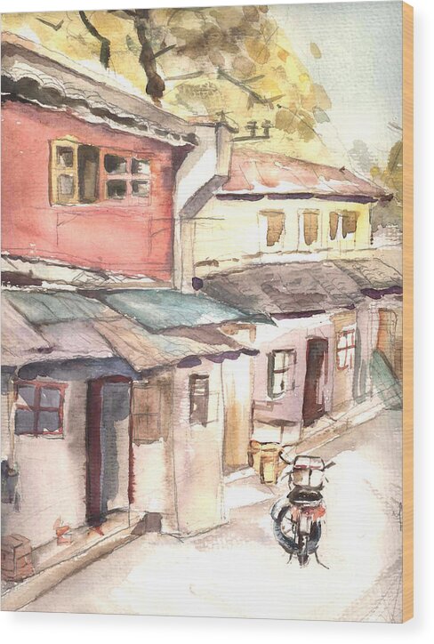 Watercolor Wood Print featuring the painting Shanghai Afternoon by Leslie Ouyang