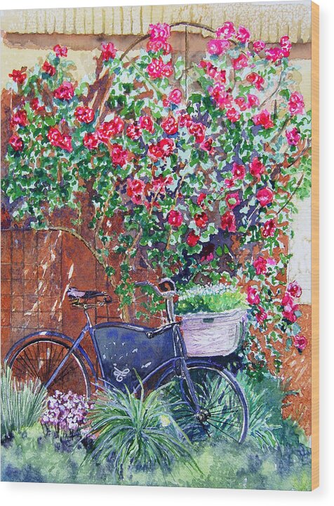 Bike Wood Print featuring the painting The Bike at Bistro Jeanty Napa Valley by Gail Chandler