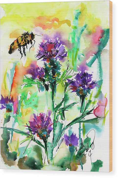 Flowers Wood Print featuring the painting Wild Flowers Thistles and Bees by Ginette Callaway