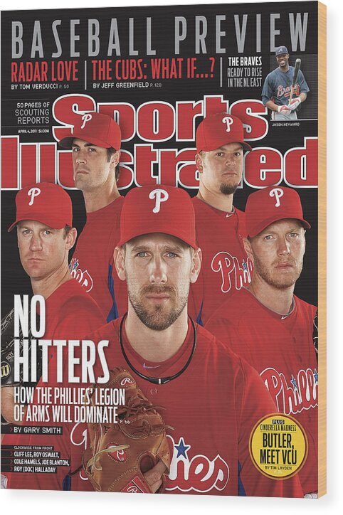 Clearwater Wood Print featuring the photograph Philladelphia Phillies Starting Five, 2011 Mlb Baseball Sports Illustrated Cover by Sports Illustrated