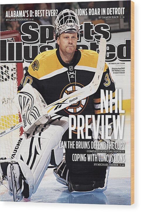 Magazine Cover Wood Print featuring the photograph Boston Bruins Goalie Tim Thomas, 2011-12 Nhl Hockey Season Sports Illustrated Cover by Sports Illustrated