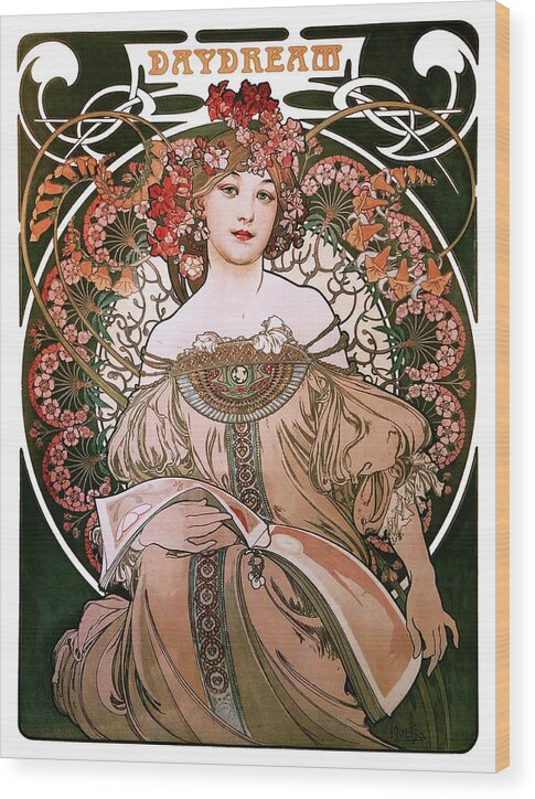 Daydream Wood Print featuring the painting Daydream by Alphonse Mucha White Background by Rolando Burbon