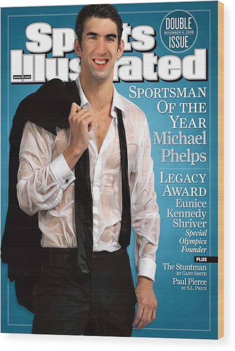 Magazine Cover Wood Print featuring the photograph Michael Phelps, 2008 Sportsman Of The Year Sports Illustrated Cover by Sports Illustrated