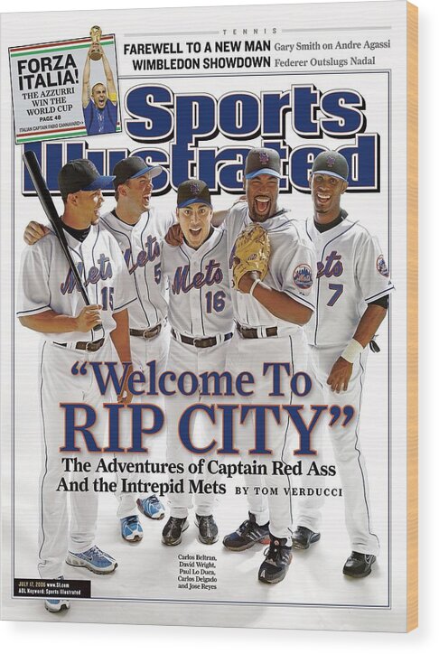 Magazine Cover Wood Print featuring the photograph New York Mets Carlos Beltran, David Wright, Paul Lo Duca Sports Illustrated Cover by Sports Illustrated