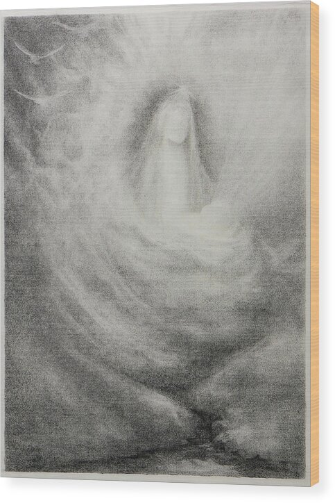  Wood Print featuring the drawing Mary With Clouds by Britta Burmehl